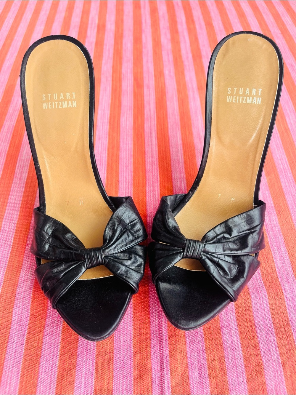 Stuart Weitzman Black Bow Leather Slide Mules